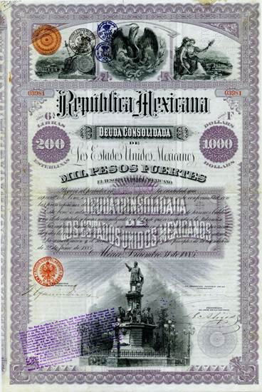 Republica Mexicana, 3% Deuda Consolidada, Letra F, £200 = $1000, 1885