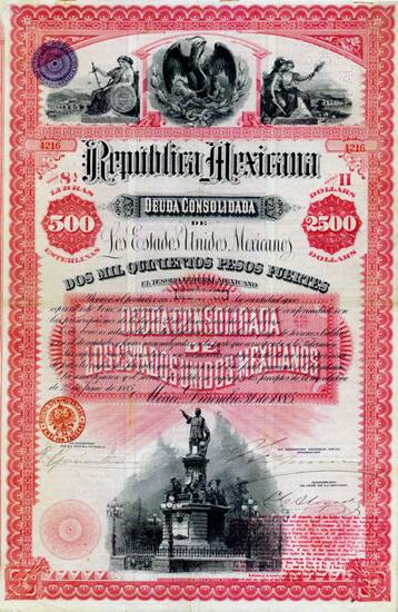 Republica Mexicana, 3% Deuda Consolidada, Letra H, £500 = $2500, 1885