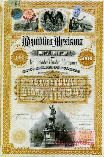Republica Mexicana, 3% Deuda Consolidada, Letra I, £1000 = $5000, 1885