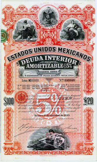 Estados Unidos Mexicanos, 5% Deuda Interior Amortizable, Letra K, $100 = £20, 1899