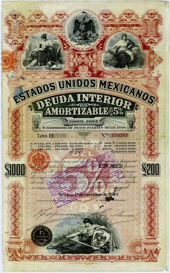 Estados Unidos Mexicanos, 5% Deuda Interior Amortizable, Letra LL, $1000 = £200, 1899