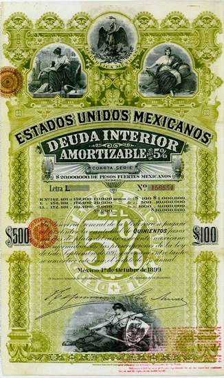 Estados Unidos Mexicanos, 5% Deuda Interior Amortizable, Letra L, $500 = £100, 1899