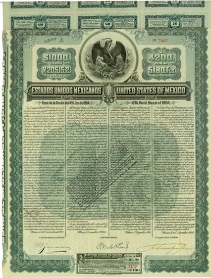 Estados Unidos Mexicanos / United States of Mexico, Bono de la Deuda del 4% Oro de 1904 / 4% Gold Bond of 1904, Serie A, US-$1000 = 4200 Mark = £205.15.2 = 5180 Francs, 1904