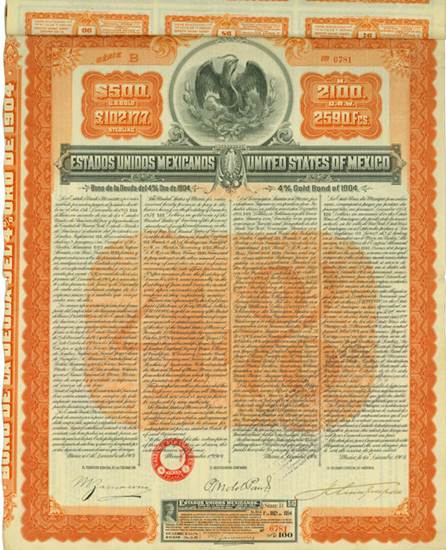 Estados Unidos Mexicanos / United States of Mexico, Bono de la Deuda del 4% Oro de 1904 / 4% Gold Bond of 1904, Serie B, US-$500 = 2100 Mark = £102.17.7 = 2590 Francs, 1904